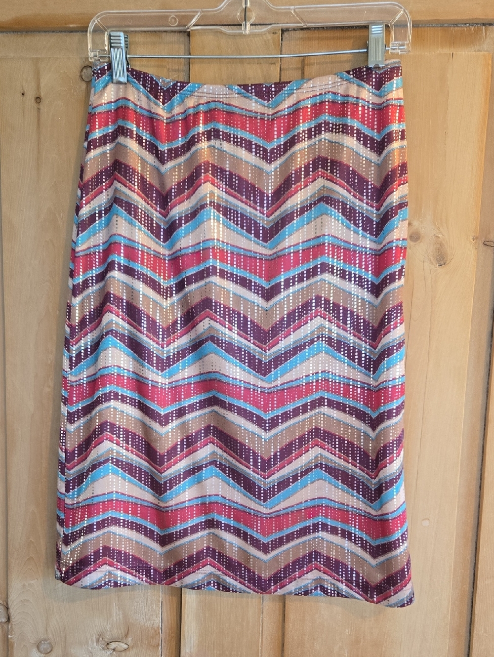 To the Max Multicolor Chevron Skirt in Pink, Blue & Tan With Shiny Silver Accent